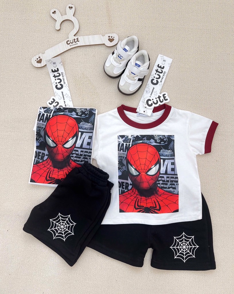 SÉT SIÊU NHÂN NHỆN TRẮNG PHỐI CỔ ĐỎ QUẦN SHORT ĐEN CHO BÉ TRAI( xả 50k)