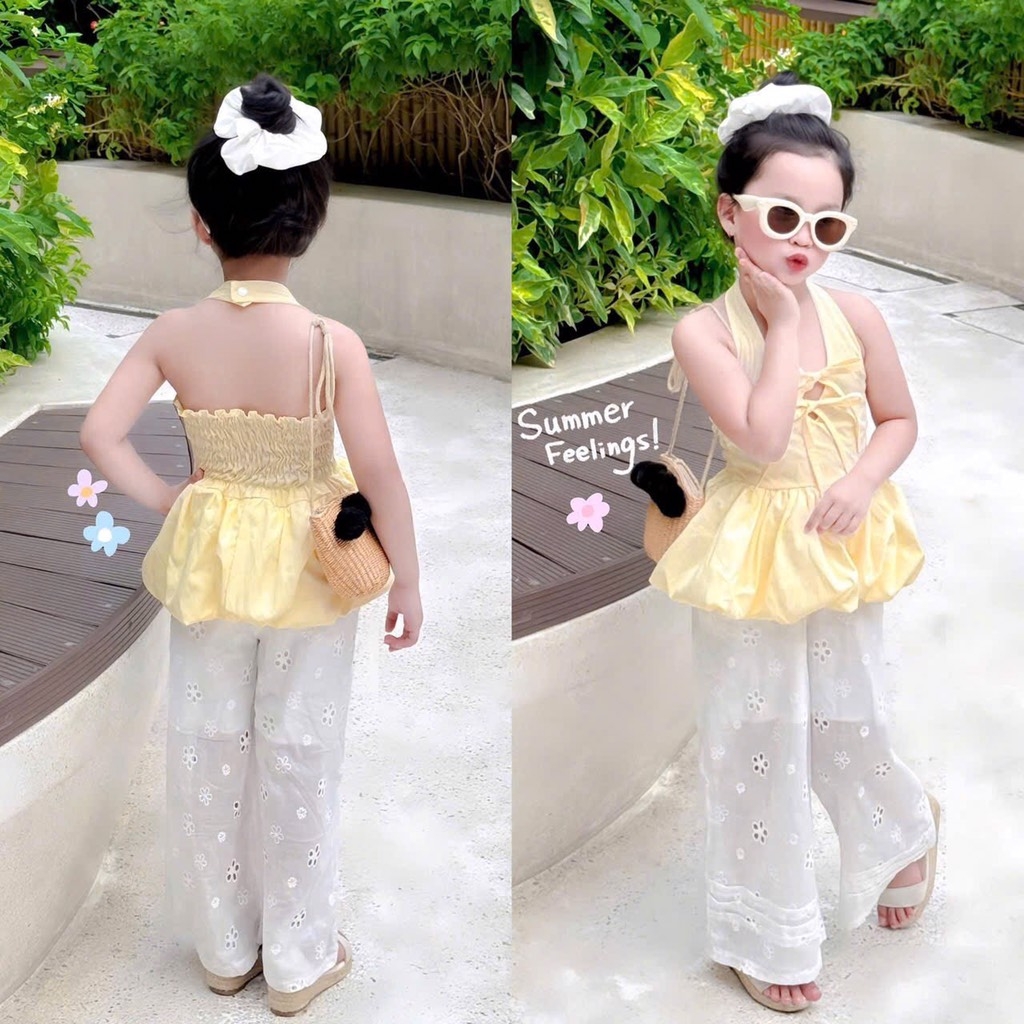 SET ÁO BÍ MIX QUẦN THÊU BOI KÈM DÂY BUỘC TÓC BÉ GÁI SẴN