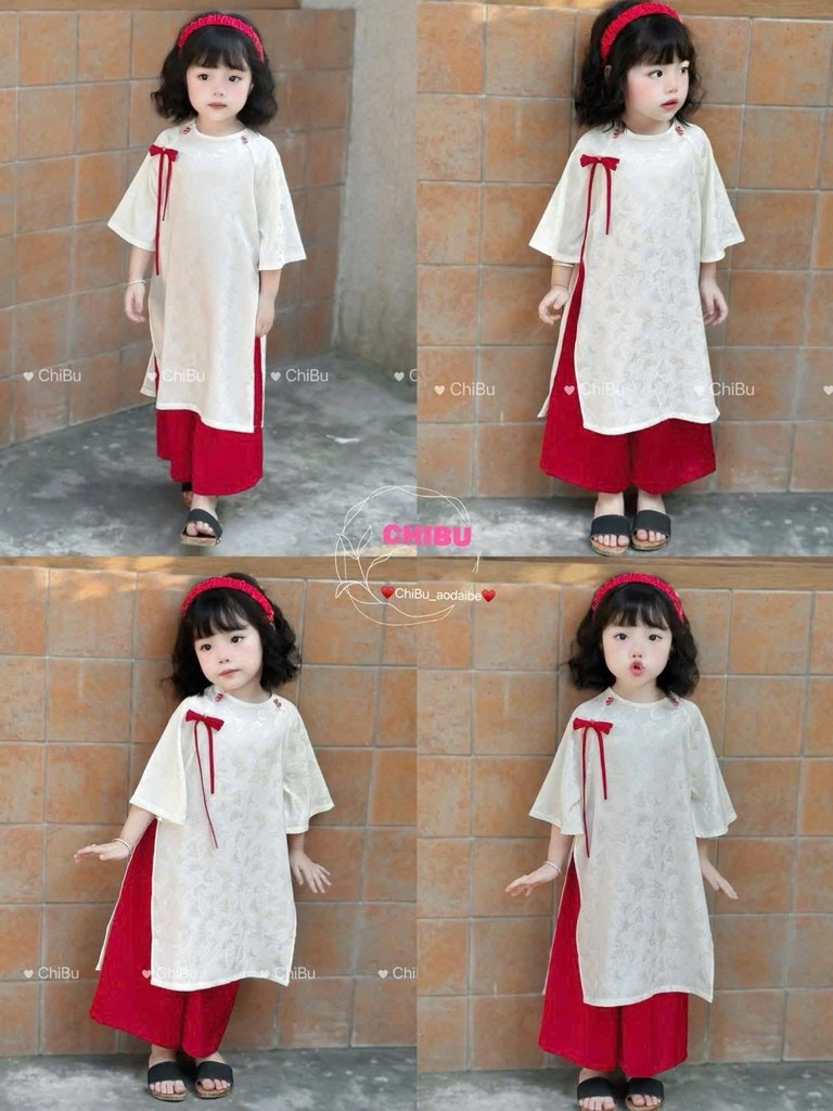 ÁO DÀI BÉ GÁI 1 NƠ TRẮNG ĐỎ