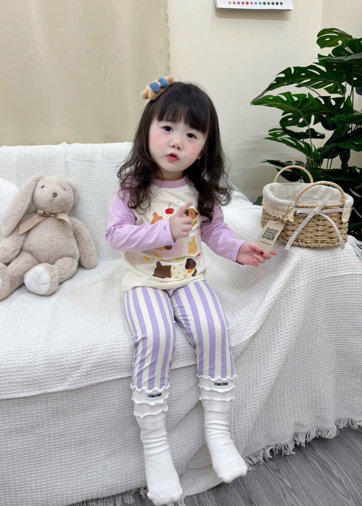 BỘ DÀI CHÓ CON NHỎ TONE TÍM BE QUẦN KẺ BÉ GÁI