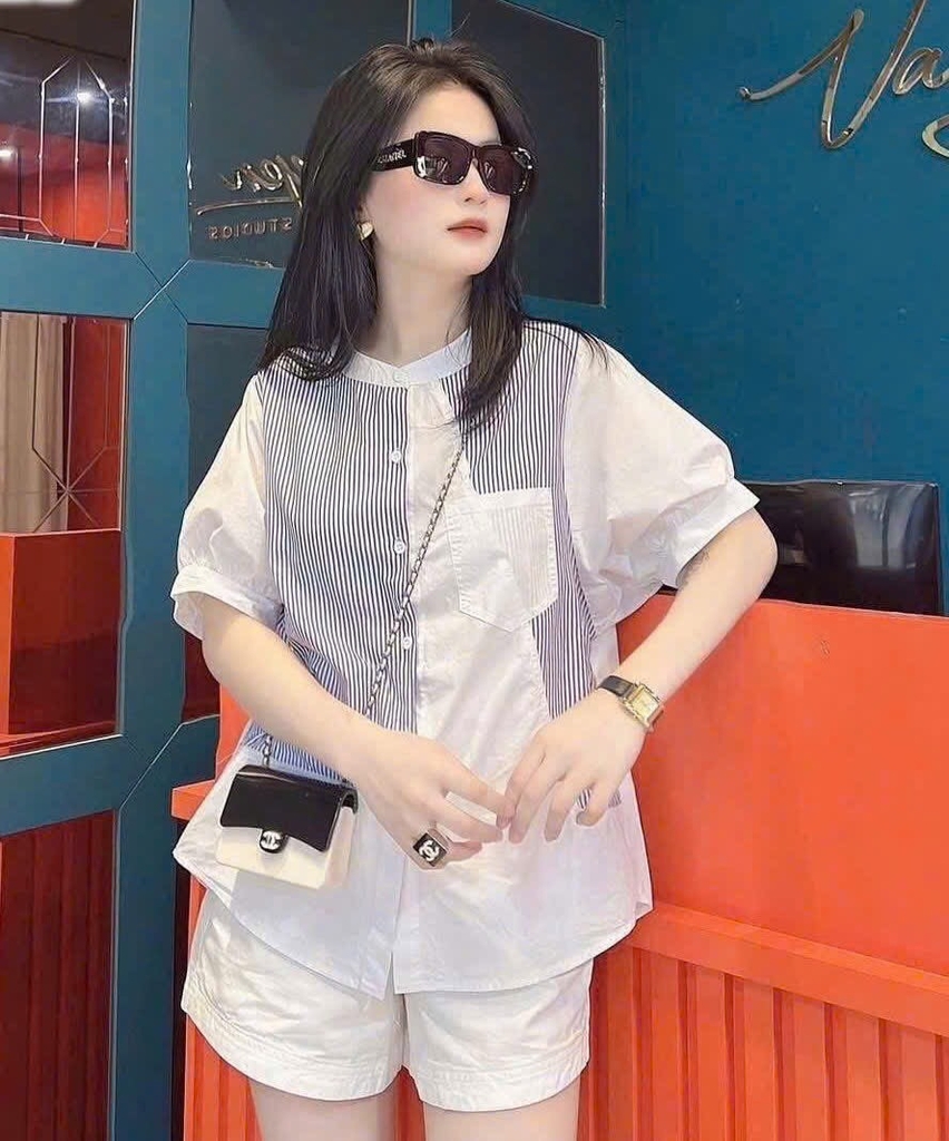 ÁO SƠ MI GU PHỐI KẺ CỔ TẦU CỘC TAY NỮ