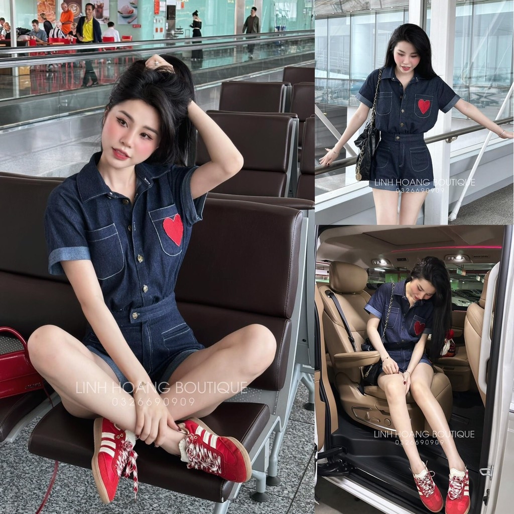 SET JEANS GIẤY JUM THÊU TIM TAY GẤU LV SẴN
