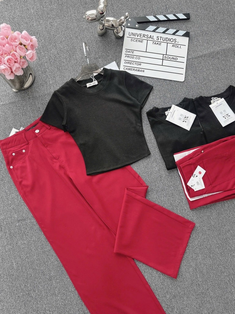 SET QUẦN KAKI ĐỎ & ÁO DÍP CROPTOP NỮ SẴN (SALE 160k)