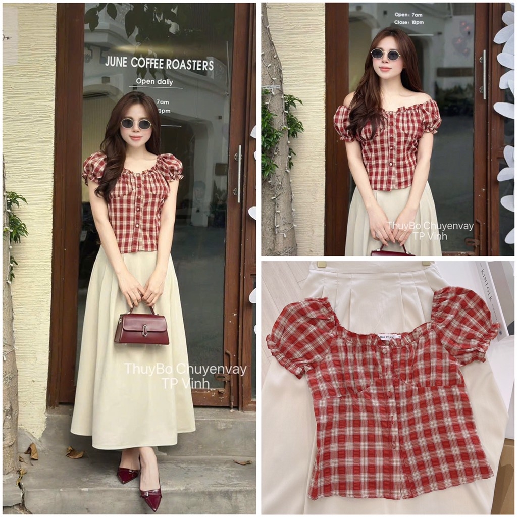 SET ÁO CARO ĐỎ TAY BỒNG CHÂN VÁY KEM LY DÀI NỮ SẴN (SALE 129k)