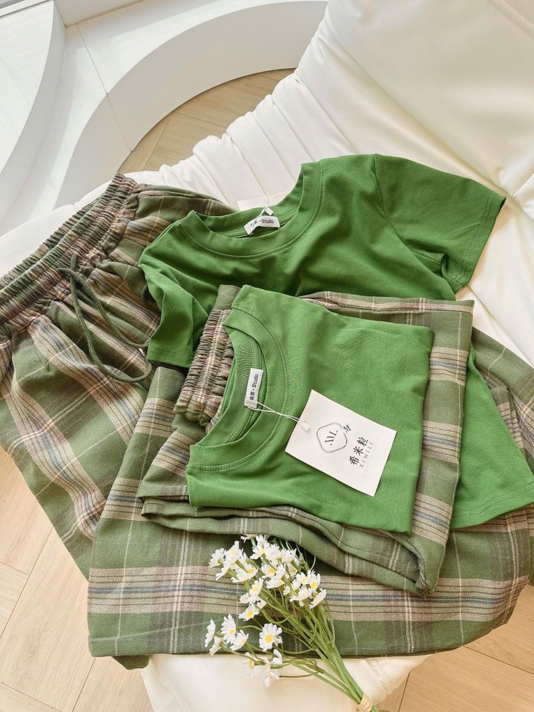 SET QUẦN KẺ 2 LI XANH RÊU NỮ