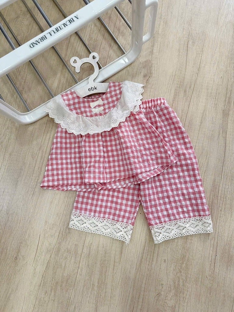 SET KẺ CARO HỒNG VIỀN BÈO BÉ GÁI (xả 39k)