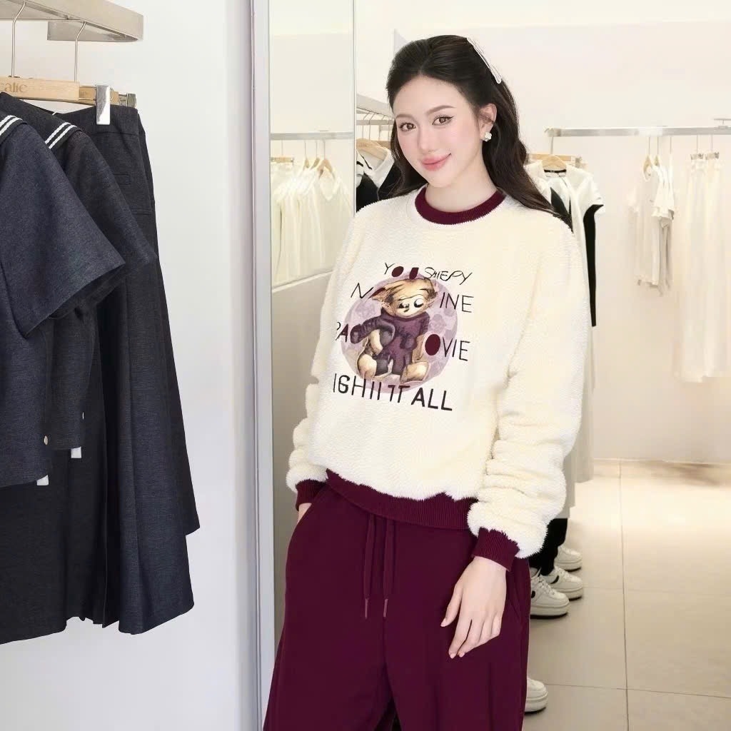 SET BỘ NỈ GẤU ÁO TRẮNG QUẦN ĐỎ NỮ