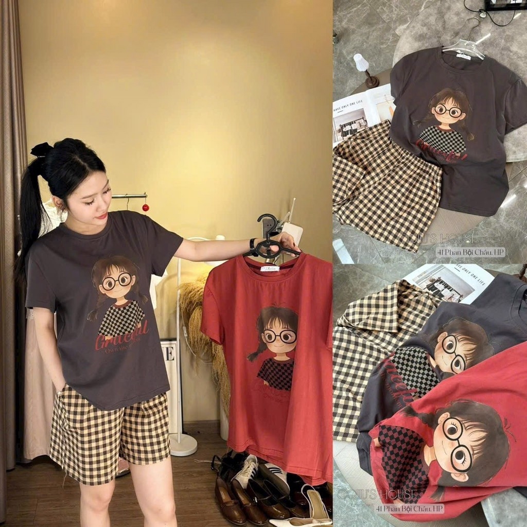 SET BỘ PHÔNG CÔ GÁI MIX QUẦN KẺ ĐỎ NỮ( XẢ 89k)