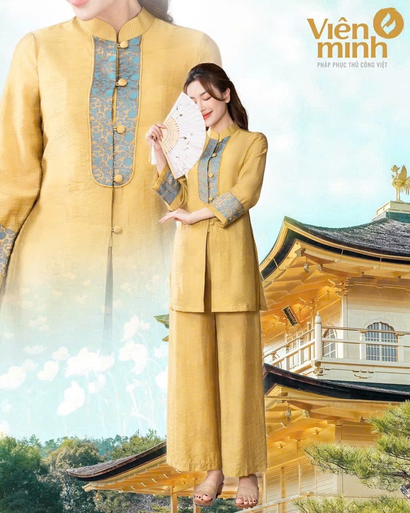 SET PHÁP PHỤC VÀNG PHỐI GẤM VIỀN NÉ NỮ SẴN (SALE 155k)