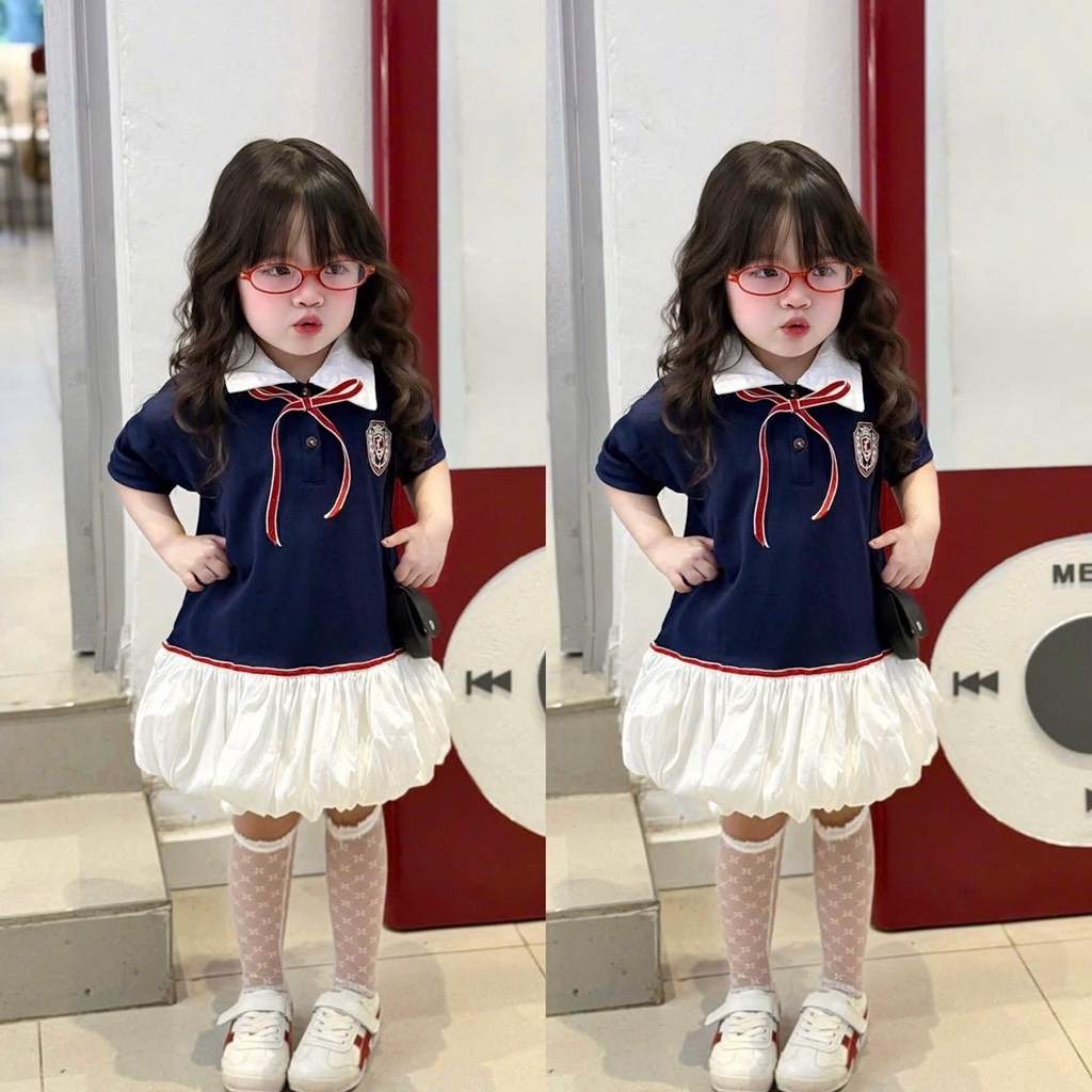 SET BỘ ÁO POLO XANH THAN CHÂN VÁY BỒNG BÉ GÁI