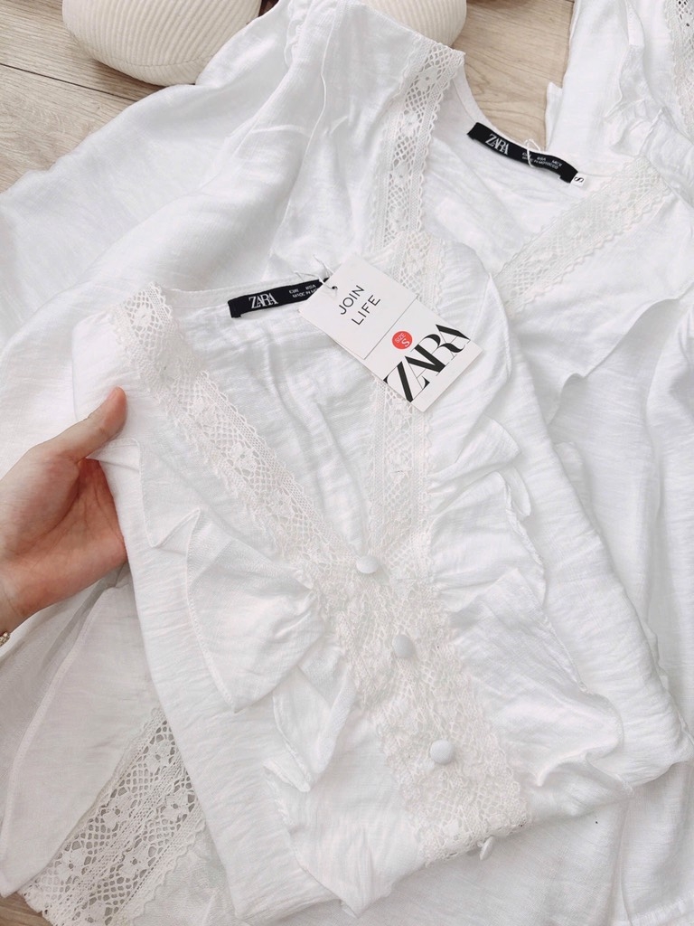 ÁO BÈO PHỐI REN CÚC BỌC LI TAY NỮ SẴN(SALE 79k)