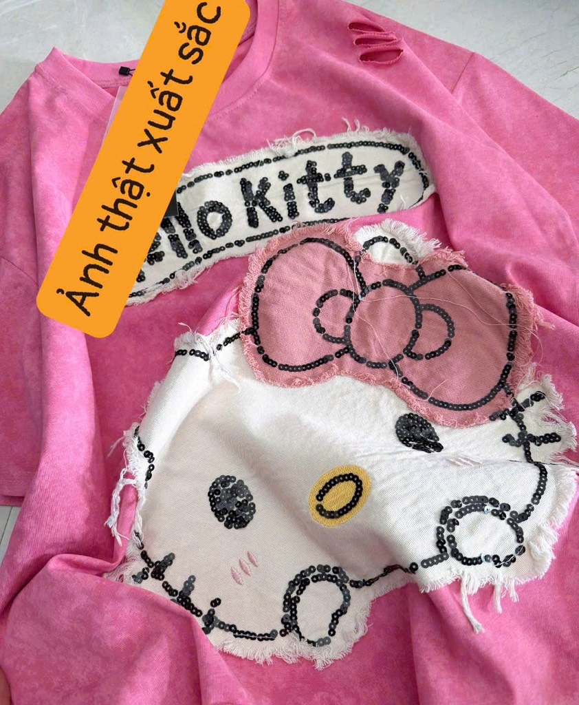 ÁO PHÔNG HỒNG HELLO KITTY RÁCH NỮ SẴN