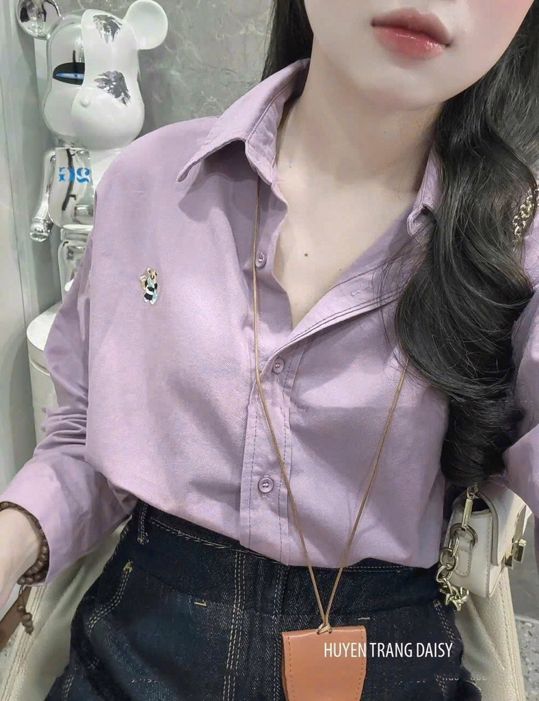 ÁO SƠ MI TÍM THÊU GẤU CỰC XINH NỮ SẴN