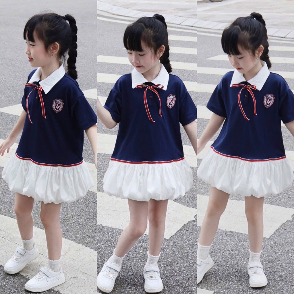SET BỘ ÁO POLO XANH THAN CHÂN VÁY BỒNG BÉ GÁI