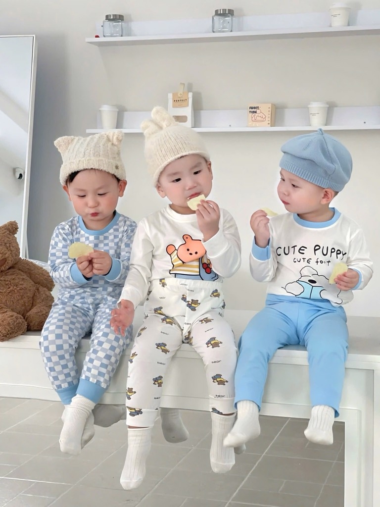 SET 3 BỘ DÀI TAY CUTE PUPPY TONE XANH TRỜI CHO BÉ TRAI