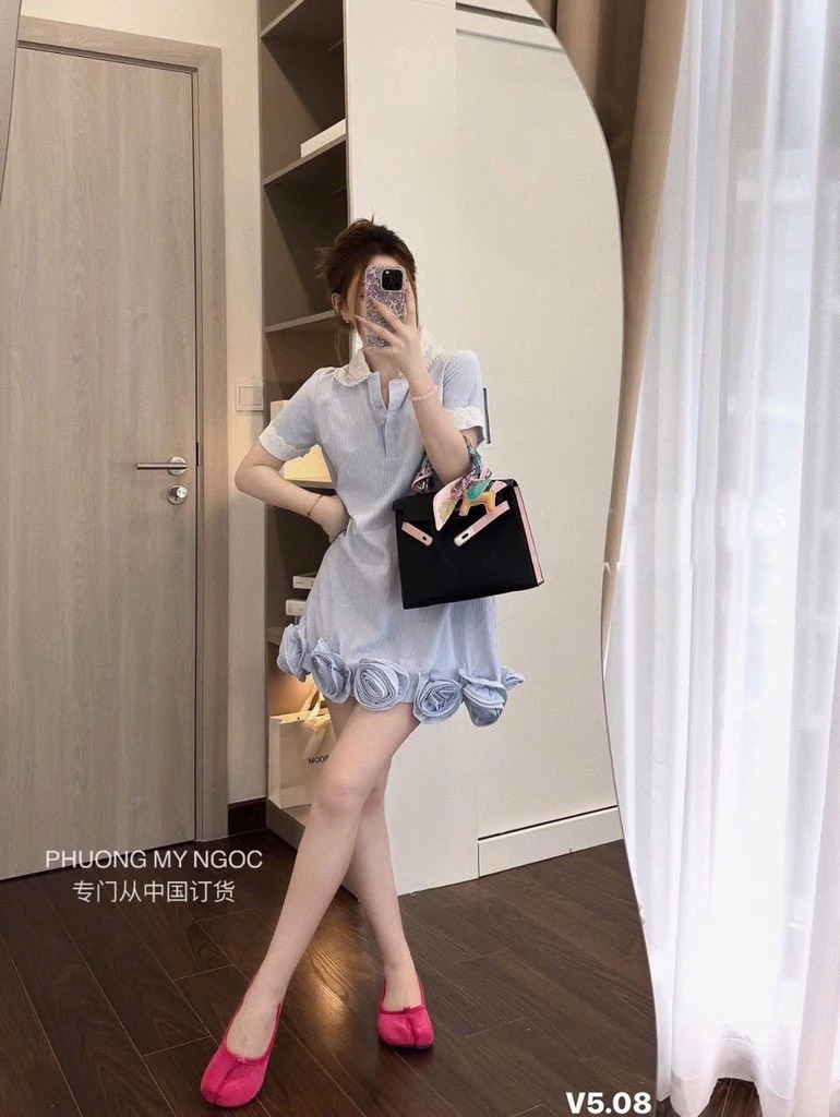 VÁY XANH KẺ CỔ SEN BÈO ĐÍNH HOA NỮ SẴN(Xả 135k)