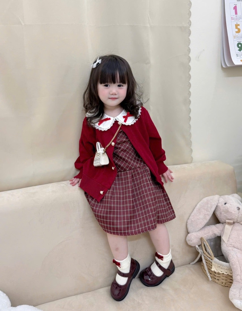 SET VÁY CARDIGAN ĐỎ TIỂU THƯ DÀI BÉ GÁI