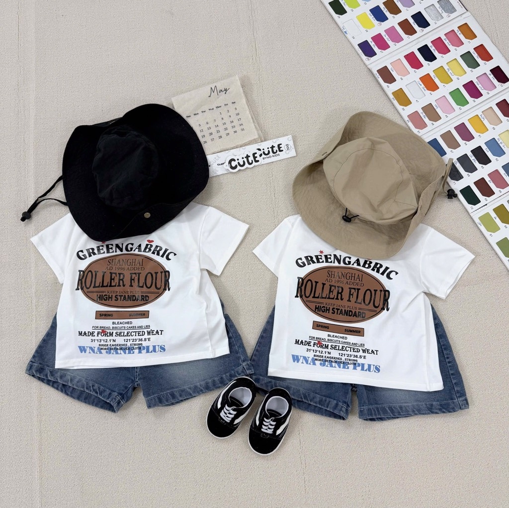 SÉT BỘ ÁO PHÔNG KEM ROLLER FLOUR QUẦN SHORT JEAN CHO BÉ TRAI