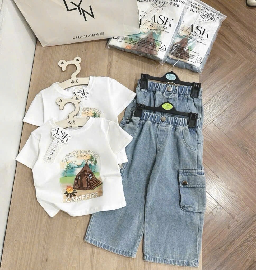 SET ÁO PHÔNG ÉP HÌNH CAMPFIRE QUẦN JEAN TÚI HỘP CHO BÉ TRAI