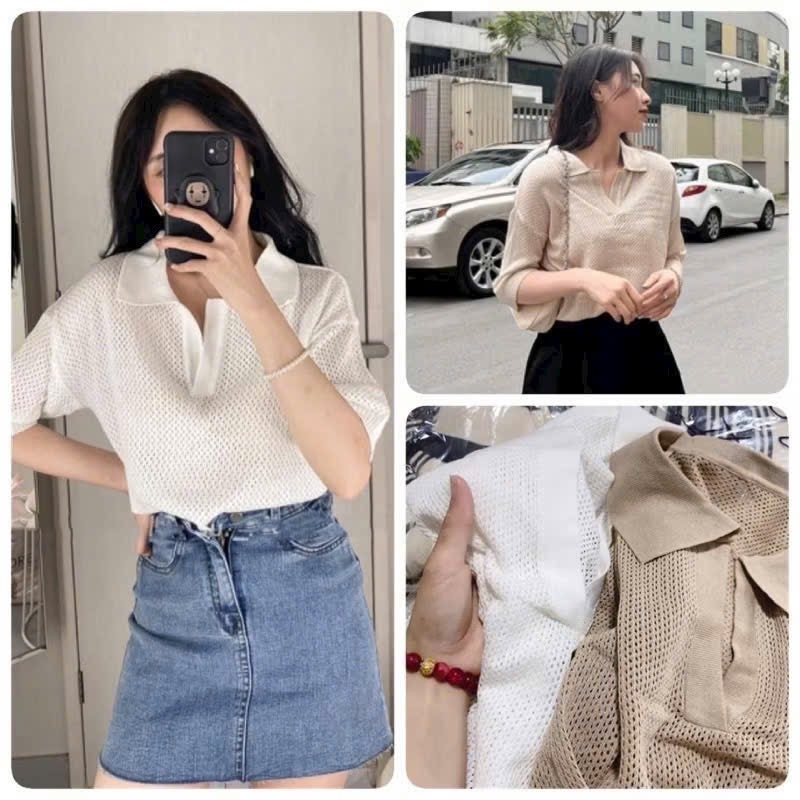 ÁO LEN CỔ V TRẮNG NÂU NỮ