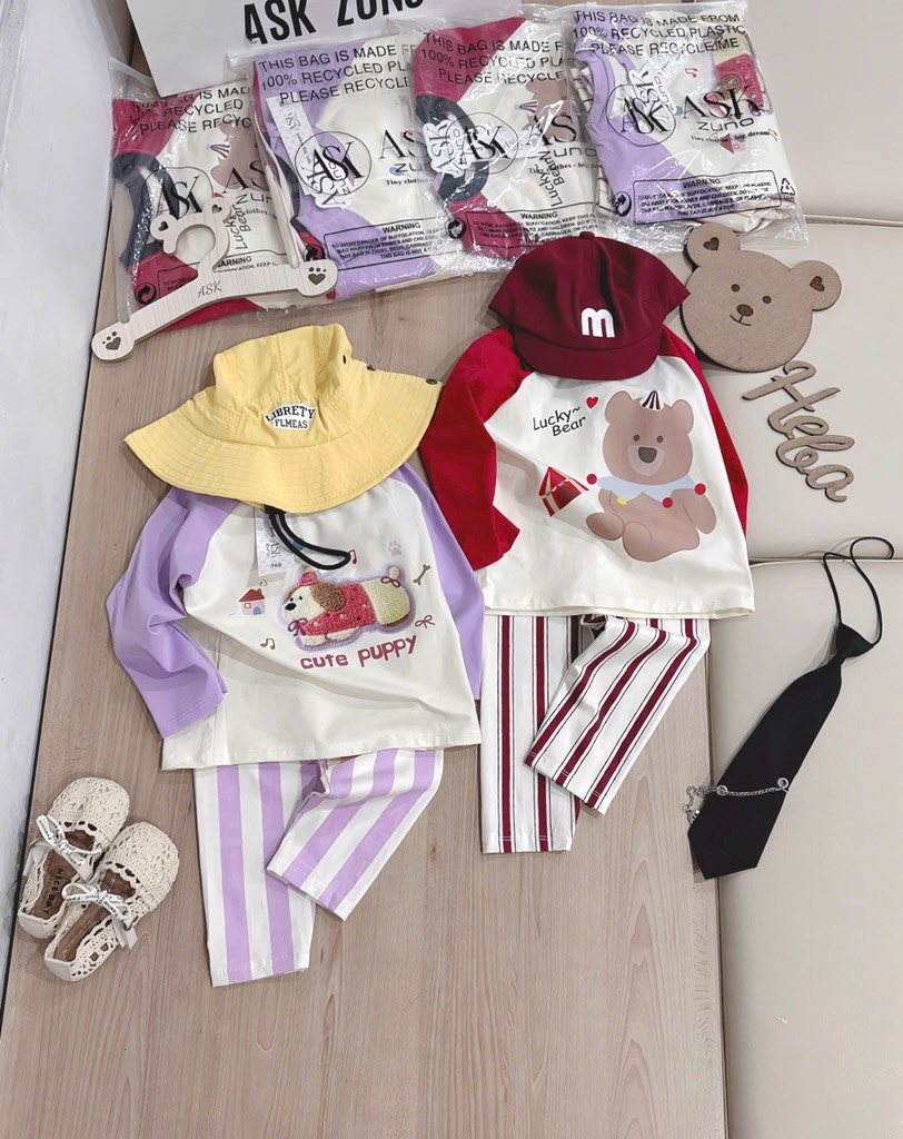 SET 2 BỘ DÀI QUẦN SỌC GẤU BEAR PUPPY BÉ GÁI SẴN