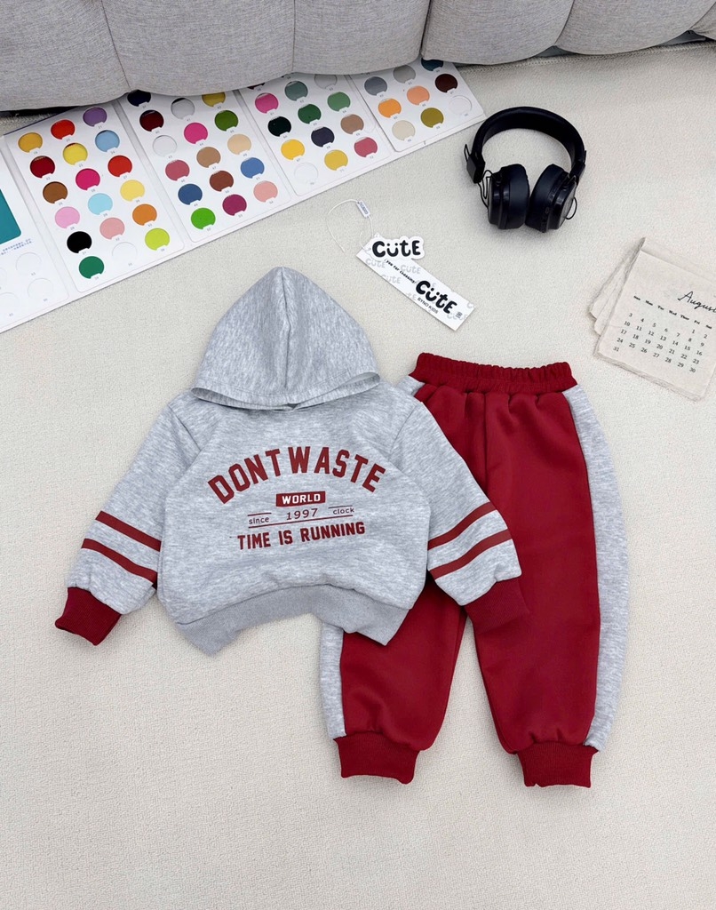 SÉT BỘ NỈ MŨ 2DA TONE ĐỎ GHI DONT WASTE CỰC YÊU CHO BÉ TRAI
