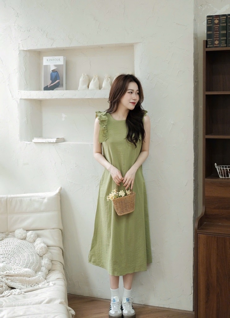 VÁY SUÔNG TAY BÈO XANH CỐM NỮ SẴN