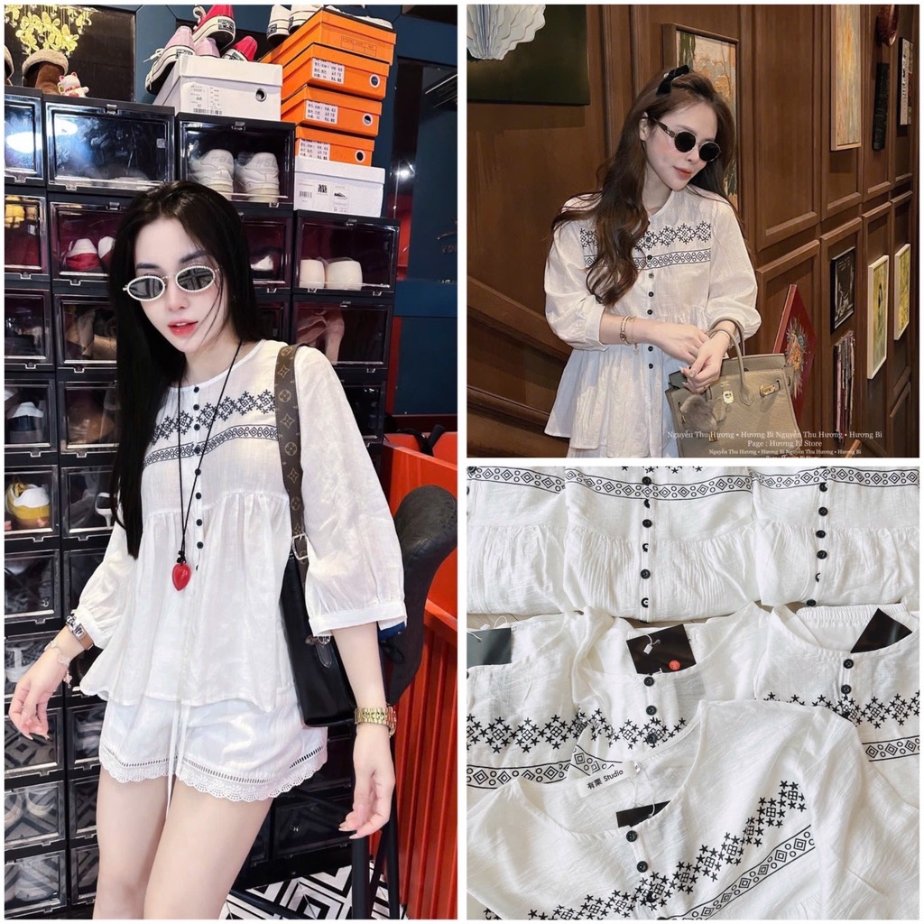 SET IN HOẠ TIẾT MIX QUẦN PHỐI REN GẤU NỮ
