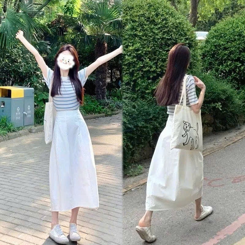 SET ÁO KẺ XANH CHÂN VÁY TRẮNG NỮ SẴN