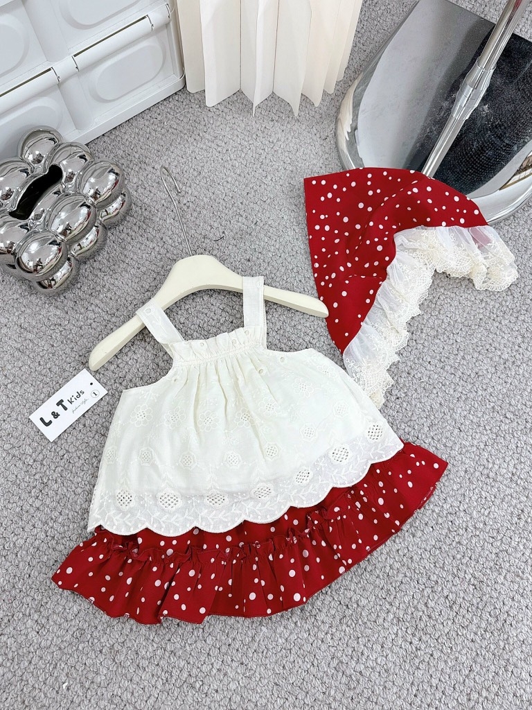 SÉT 3 MÓN ÁO REN CV CHẤM BI ĐỎ + KHĂN CHO BÉ GÁI SẴN (Xả 80K)