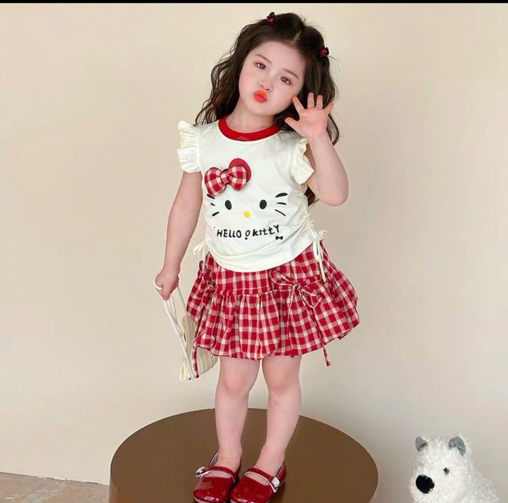 SÉT ÁO HELOO KITTY CHÂN VÁY KẺ BÉ GÁI SẴN (XẢ 65k)