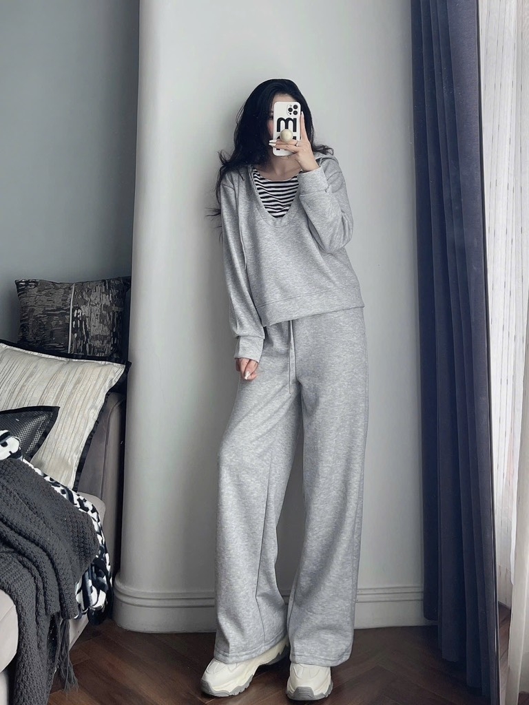 SET BỘ XÁM ÁO HOODY CỔ PHỐI KẺ NỮ THU ĐÔNG SẴN