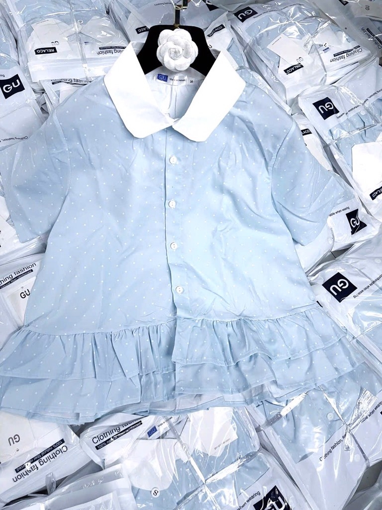 ÁO GU XANH PLEUM DÁNG XOÈ XẾP BÈO NỮ SẴN