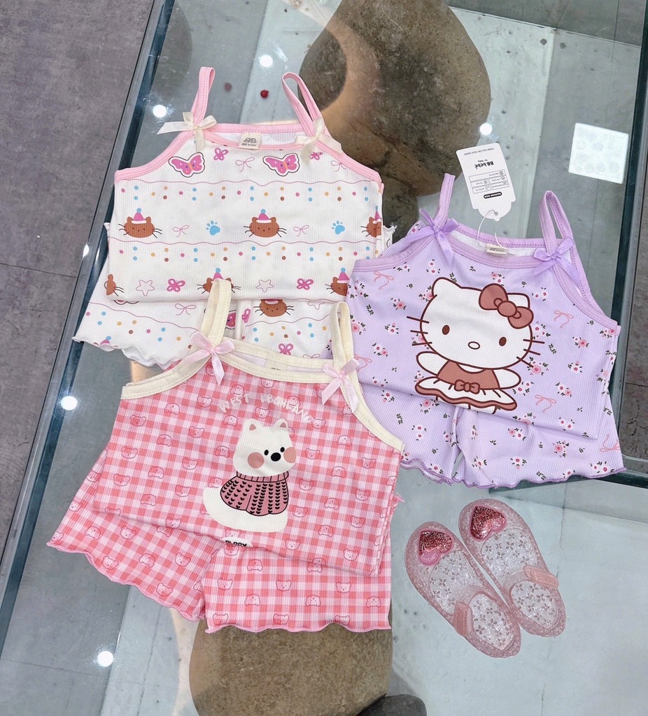 SET 3 BỘ ÁO 2 DÂY HELLO KITTY TÍM KẺ HỒNG BE BÉ GÁI SẴN(XẢ 85k)