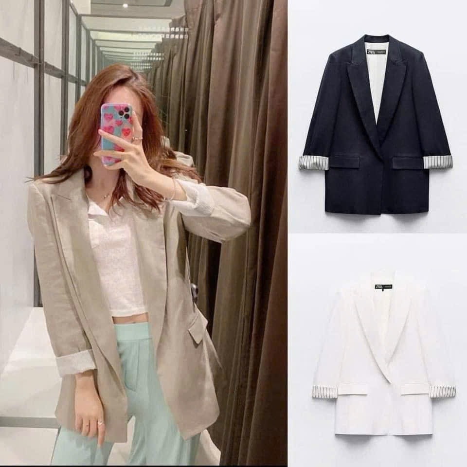 ÁO BLAZER LI-EN ÉP MÙNG PHỐI TAY KẺ 2 LỚP NỮ THU ĐÔNG SẴN
