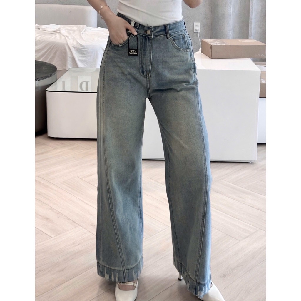QUẦN JEANS NỮ RÁCH GẤU PHỐI ĐỈA ỐNG SUÔNG SẴN