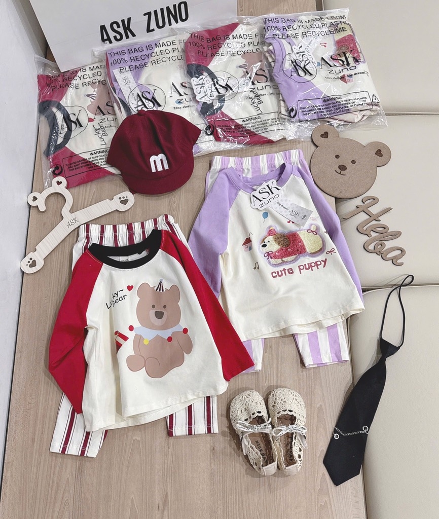 SET 2 BỘ DÀI QUẦN SỌC GẤU BEAR PUPPY BÉ GÁI SẴN