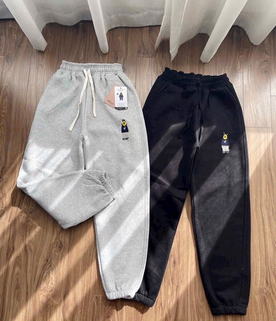 SET 2 QUẦN NỈ NỮ JOGGER THÊU GẤU WHO THU ĐÔNG SẴN