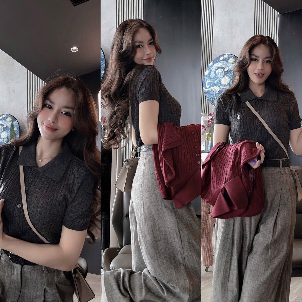 ÁO LEN POLO CỘC THÊU NGỰA 2 MÀU XÁM ĐỎ NỮ THU ĐÔNG