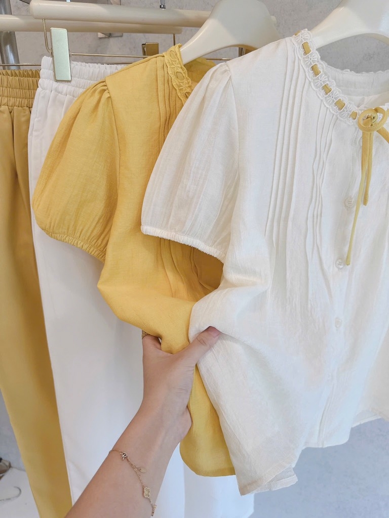 SET BỘ ÁO TƠ LI PHỐI CỔ REN HAI LỚP MIX QUẦN  BAGGY LI NỮ