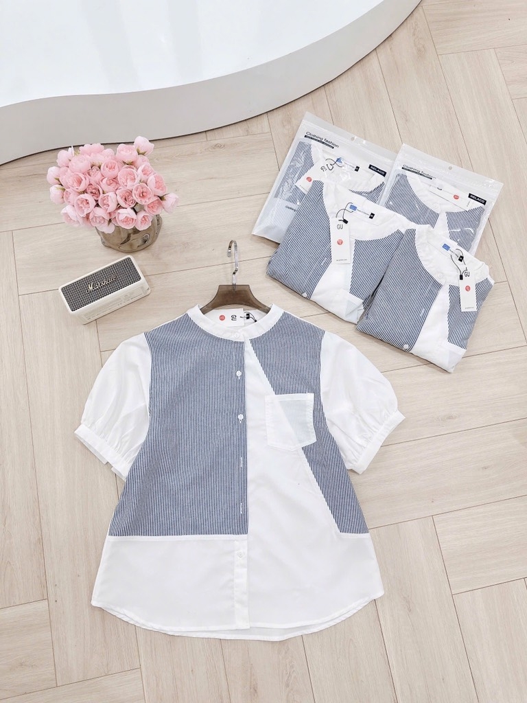 ÁO SƠ MI GU PHỐI KẺ CỔ TẦU CỘC TAY NỮ