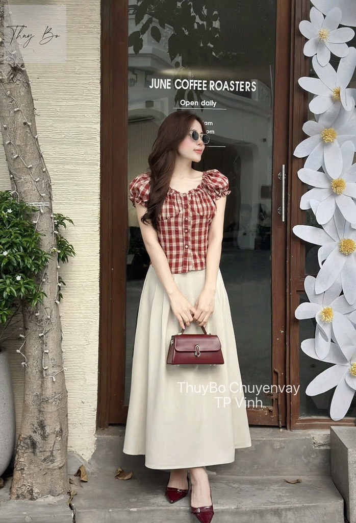 SET ÁO CARO ĐỎ TAY BỒNG CHÂN VÁY KEM LY DÀI NỮ SẴN (SALE 129k)