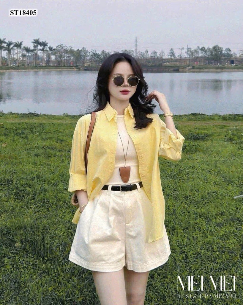 SET ÁO SƠ MI VÀNG MIX QUẦN VẢI TRẮNG NỮ SẴN
