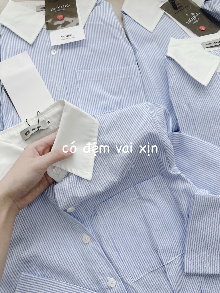 ÁO SƠ MI KẺ XANH PHỐI LI EO ĐỆM VAI NỮ SẴN