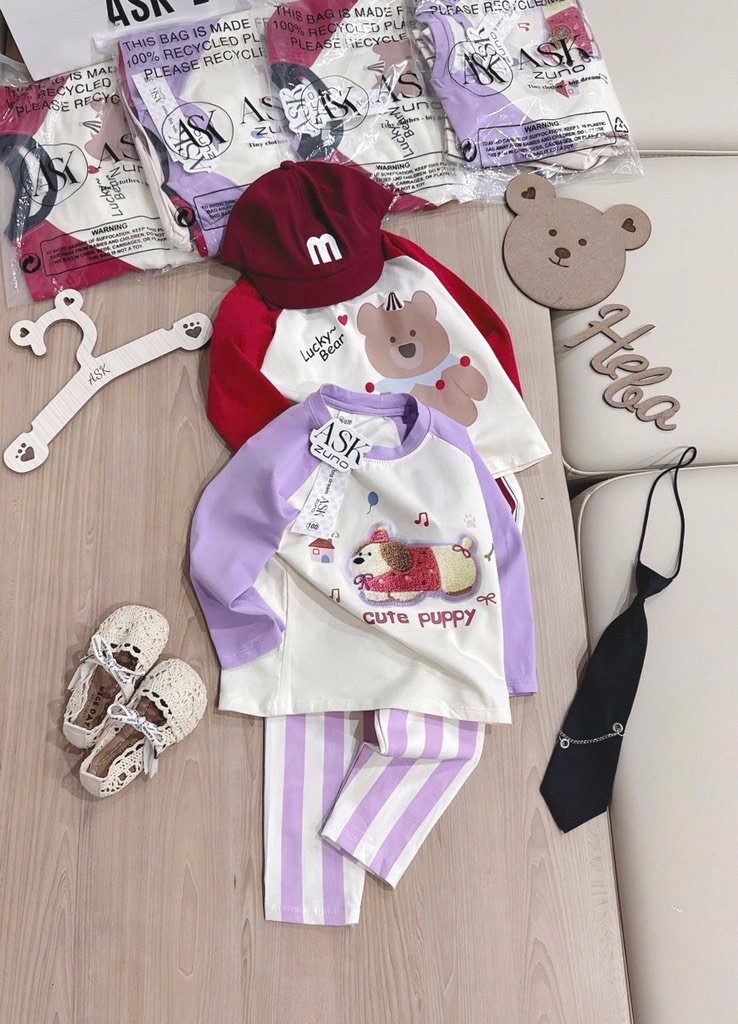 SET 2 BỘ DÀI QUẦN SỌC GẤU BEAR PUPPY BÉ GÁI SẴN