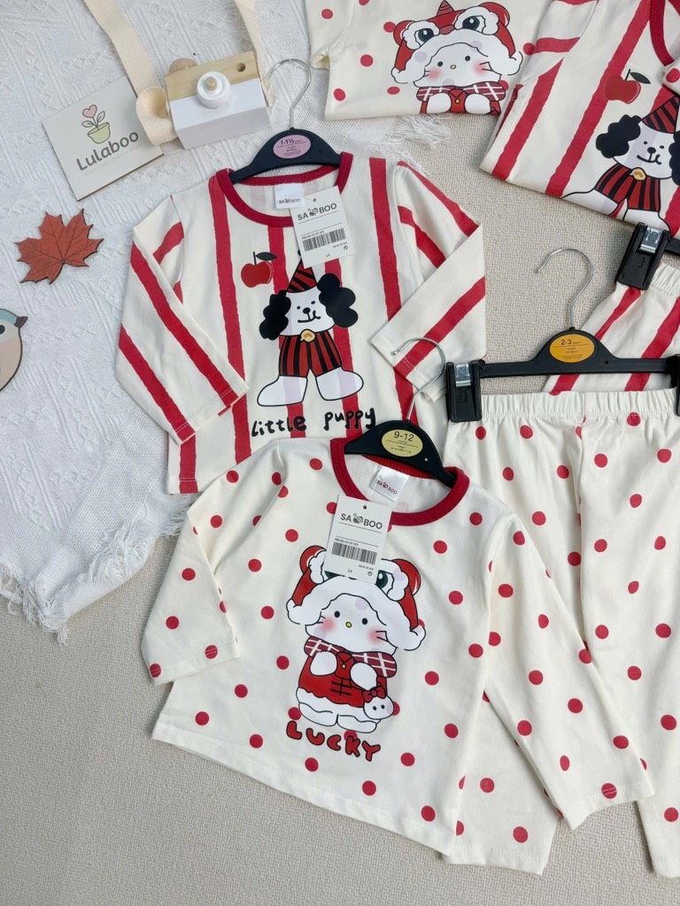 SET BỘ DÀI NOEL KẺ ĐỎ CHẤM NI BÉ TRAI BÉ GÁI