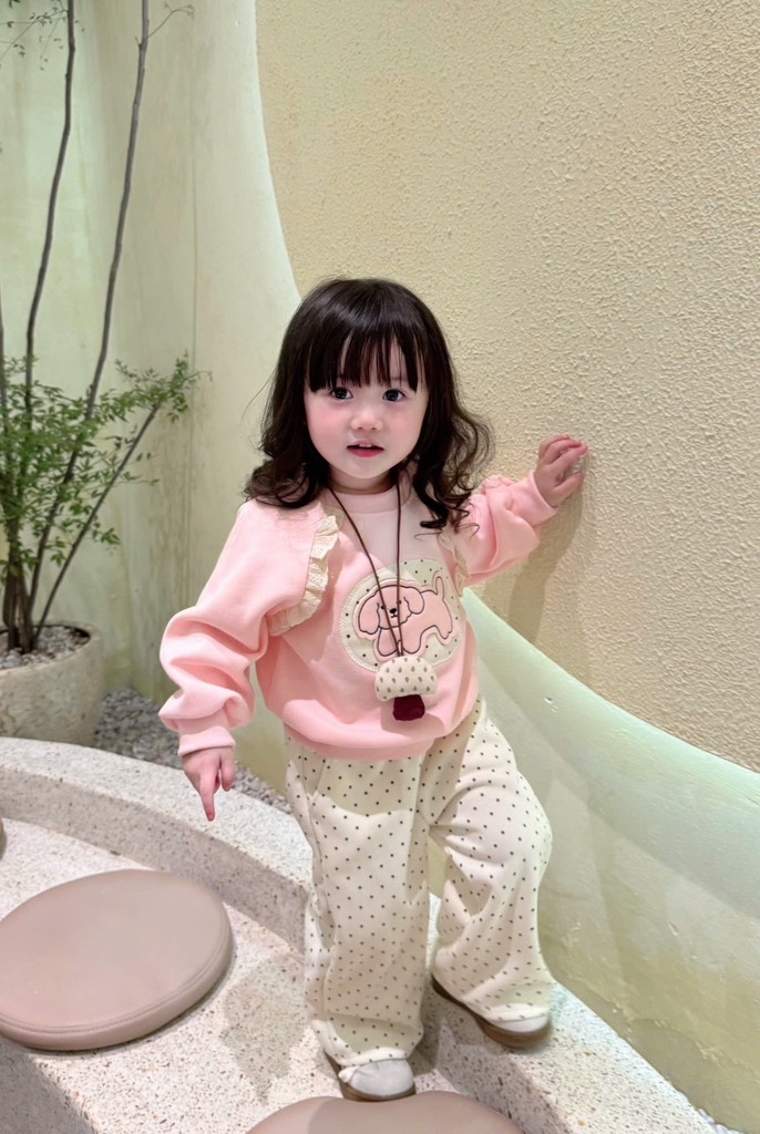 SET DÀI NỈ HAI DA CÚN HỒNG CHẤM BI BÉ GÁI