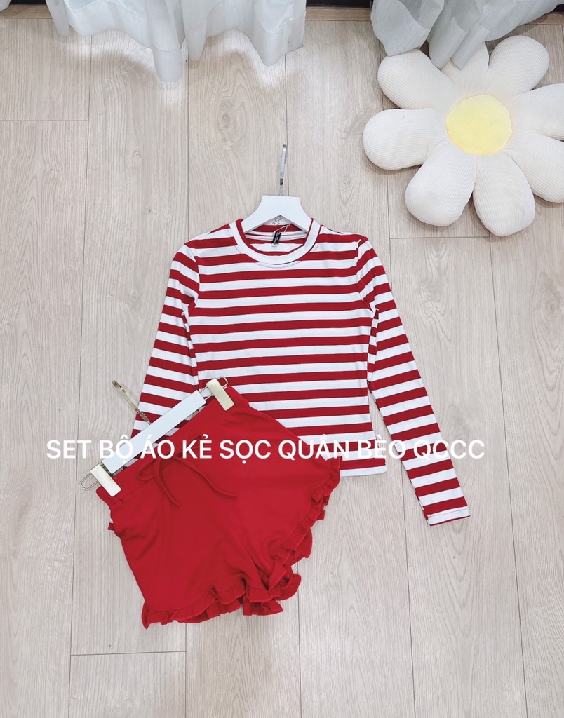 SET ÁO KẺ ĐỎ PHỐI QUẦN BÈO GẤU Sẵn( XẢ 79k)