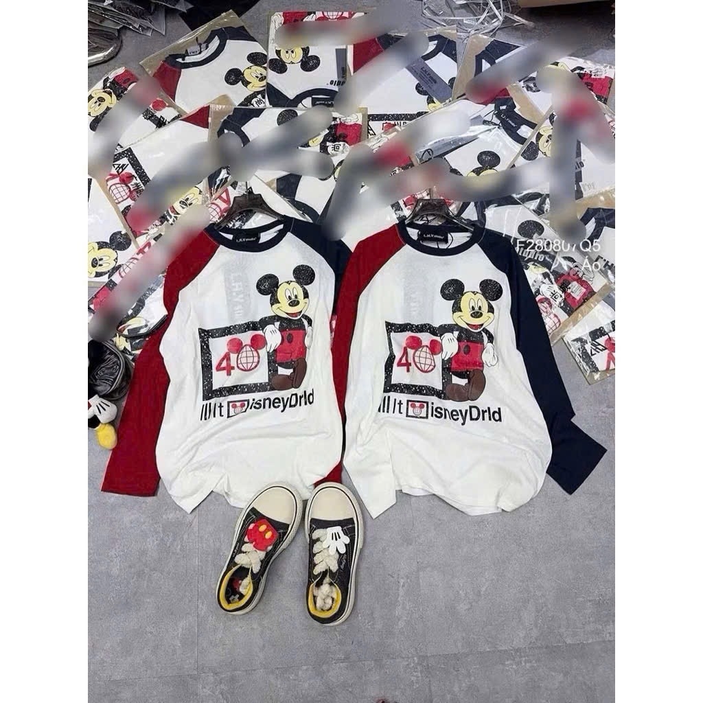 ÁO PHÔNG DÀI TAY PHỐI MICKEY ĐỎ NỮ THU ĐÔNG