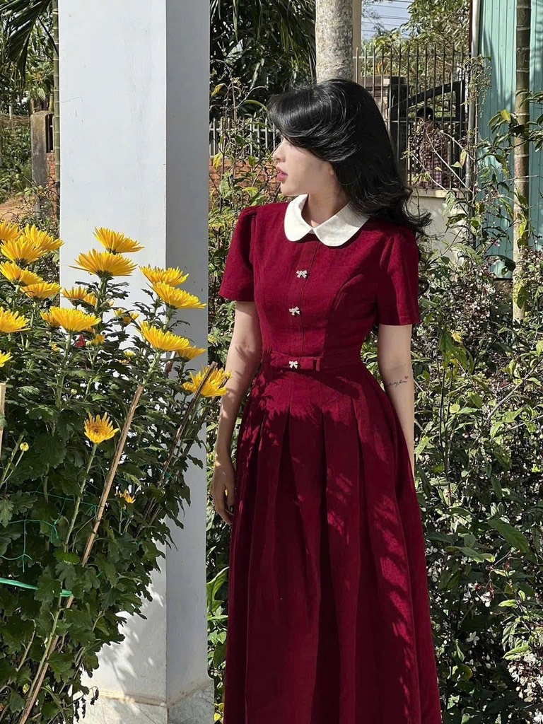 VÁY XẾP LI NƠ EO CỔ PHỐI NỮ SẴN (SALE 149k)